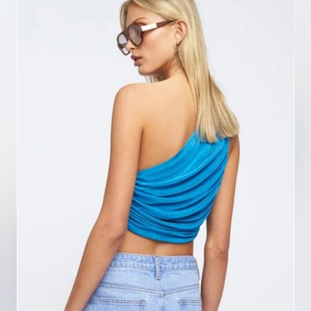 The Free Yoga Slinky Stretch Ruched One Shoulder Crop Top in Electric Blue Large
